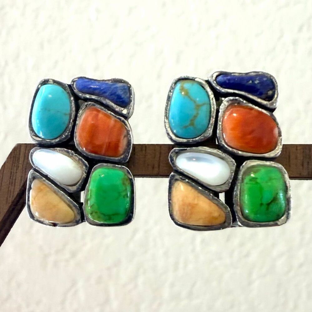 Vintage Southwestern Sterling Silver Multi Stone Clip Earrings